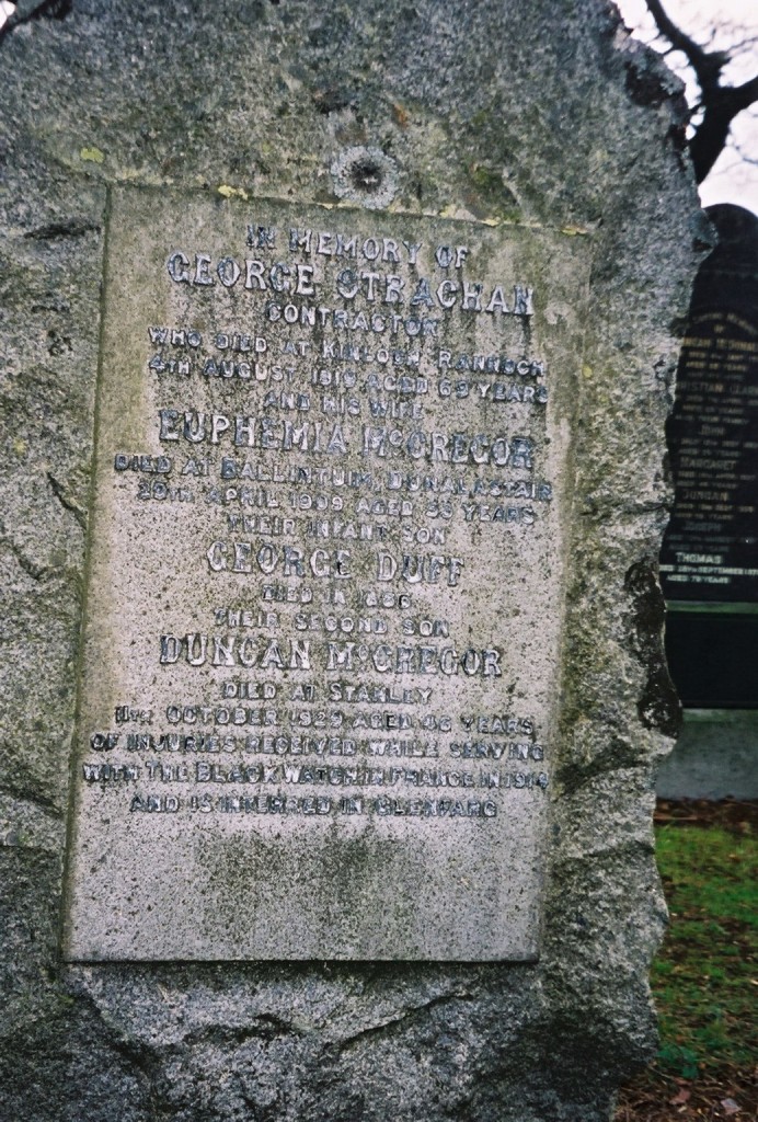 Gravestone in Kinloch Rannoch church yard - George STRACHAN & Euphemia MACGREGOR & sons George Duff STRACHAN & Duncan MacGregor STRACHAN