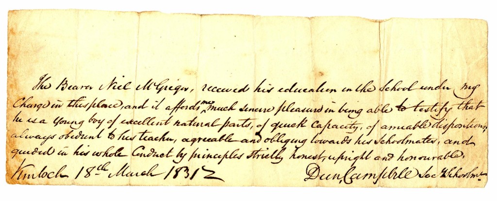 1831 March 18 letter of intro from Duncan Campbell, Schoolmaster, Kinloch Rannoch