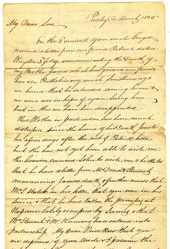 The first page of a letter written by D (Duncan) Macgregor in Paisley, Scotland on 30 March 1835 to his son, Mr. Neill McGregor