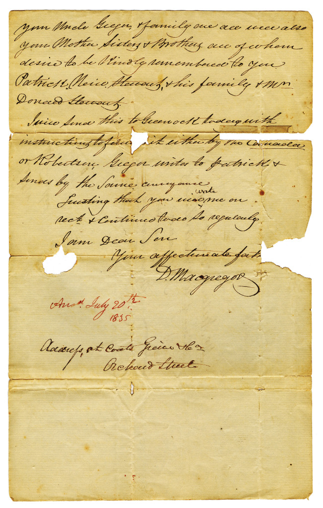 The third page of a letter written by D Macgregor in Paisley, Scotland on 30 March 1835 to his son, Mr. Neill McGregor