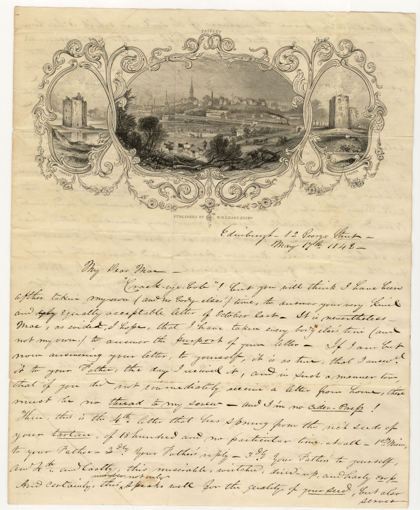 A letter to Neil MacGregor from a friend in Edinburgh who had visited Neil's father in Paisley. The letter is dated May 17, 1842. 1/4