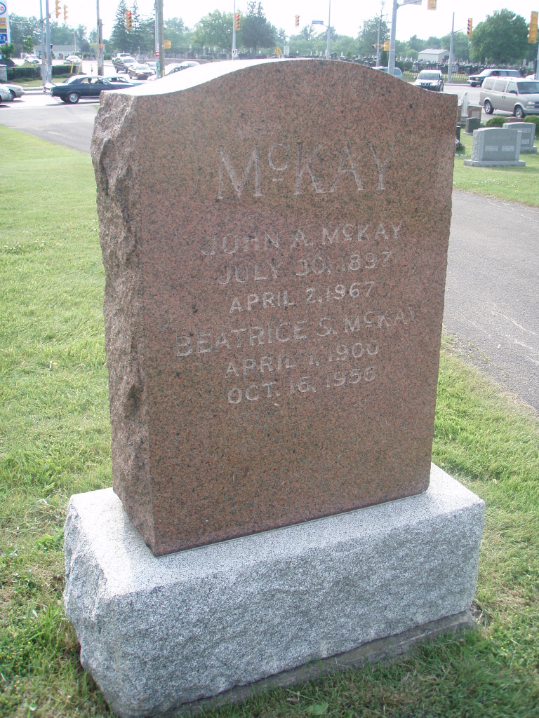 Back side of Allan Daniel McKAY's tombstone, marked for his son John A. McKAY and wife Beatrice S. McKAY