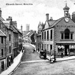 Church Street, Brechin, post card circa 1905. Colin Stevens' Collection (Purchased 2003). The "Unionist Club" / "W S LOW & COMPANY" (grocer apparently) and A. Belford, Baker. Another example of this card was postally used in 1909. Published by Valentine. The building with the clock is now the City's Museum. The clock was still there in 2005.