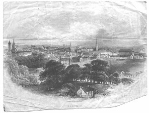 BRECHIN - An old etching from the Steven (Stevens) family souvenirs. c. 1855? Cathedral is on the far left. - Colin M. Stevens' family papers.