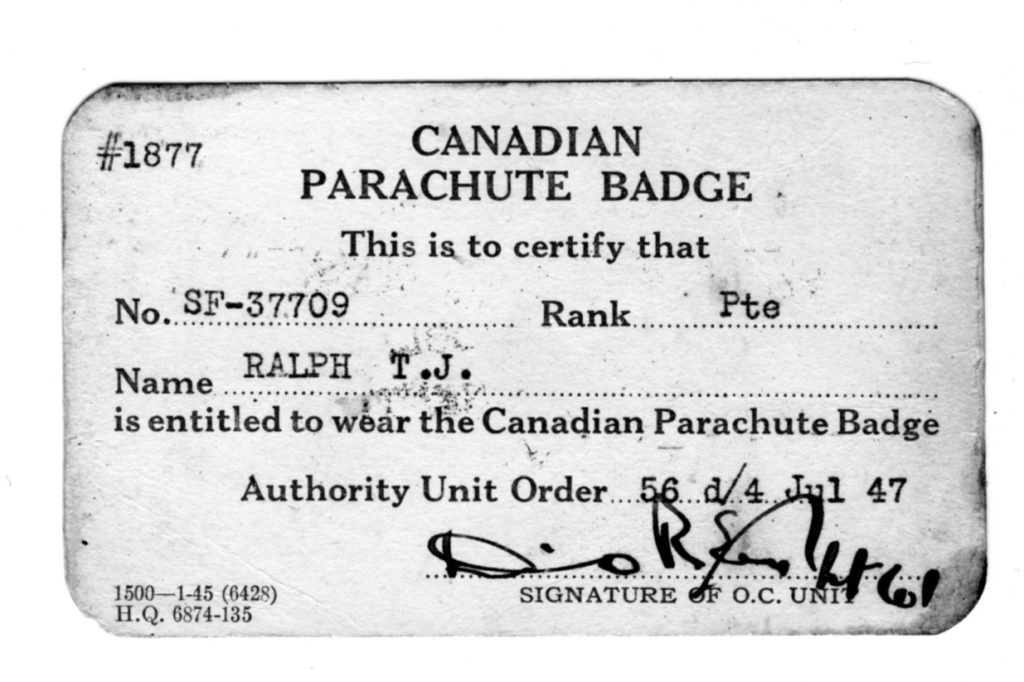 Canadian Parachute Badge card (front) issued to Canadian SAS Company member Tobias Jackman RALPH (photo courtesy of his son).