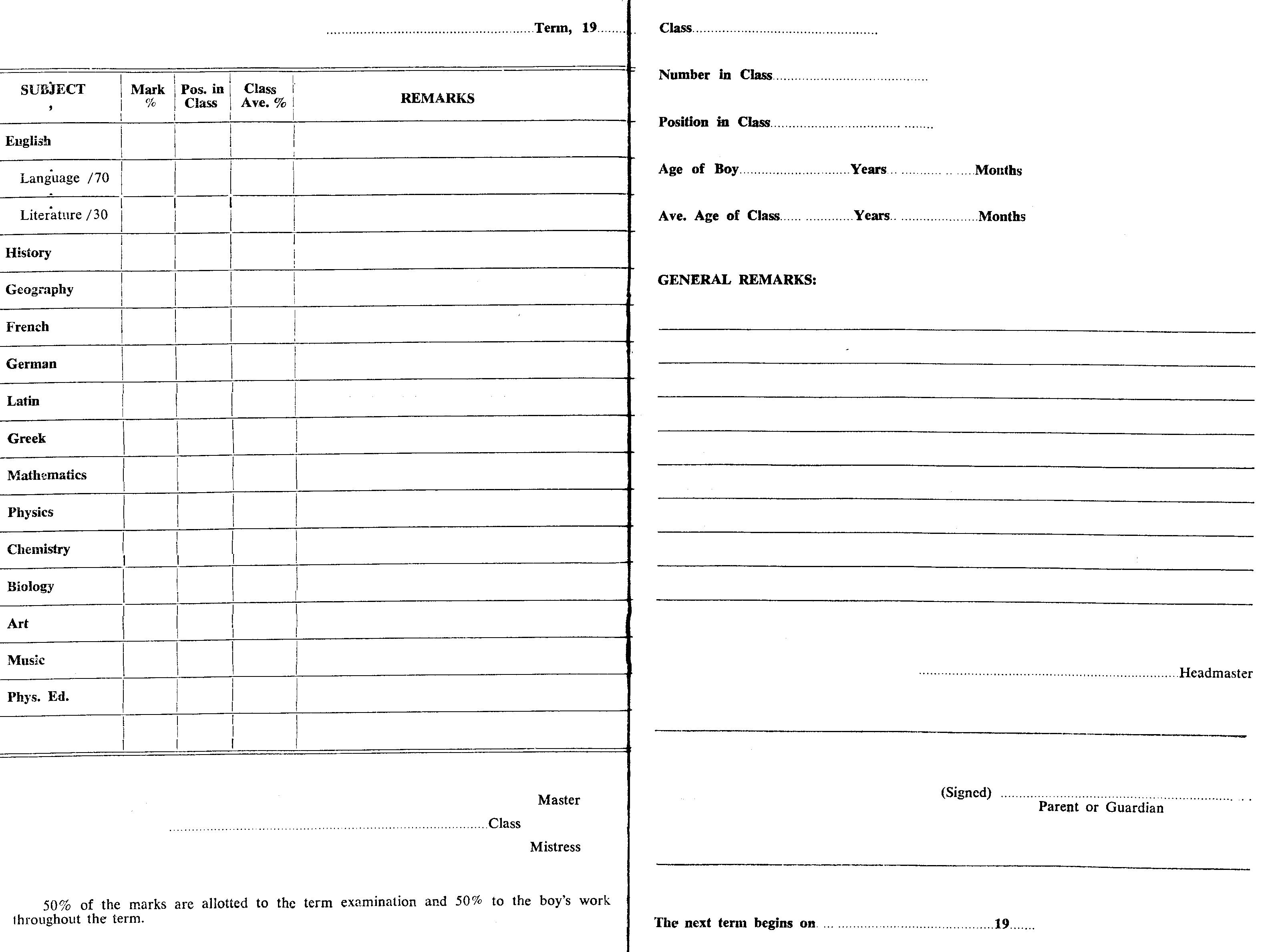 Dartmouth Academy report card blank page 1964