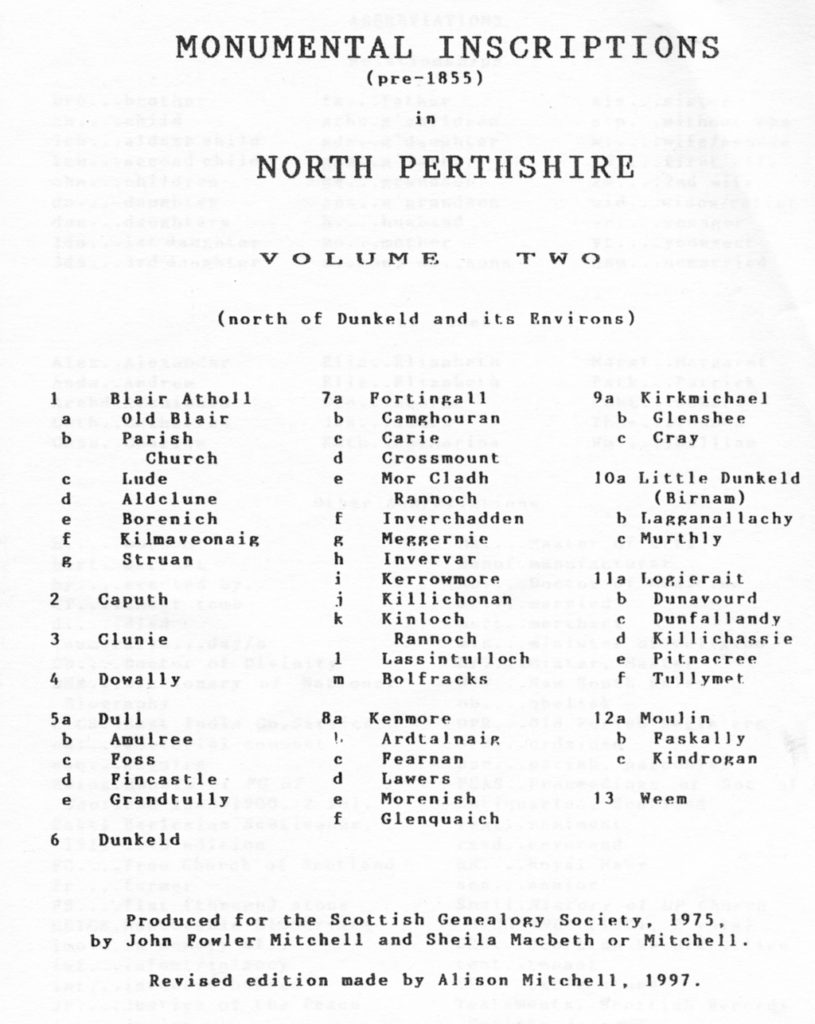 NORTH PERTHSHIRE Monumental Inscriptions Vol 2 -Contents