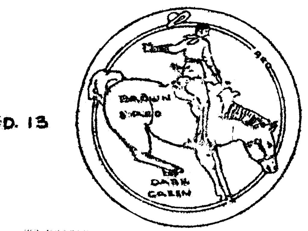 Militia District 13 (Alberta) formation sign in WWII. Showing a cowboy on a bucking bronco. 