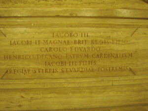Inscription on casket of King James III(Jacobo III = James III) and Bonnie Prince Charlie (Carolo Edwardo = Charles Edward) in the crypt at St. Peter's in the Vatican City.