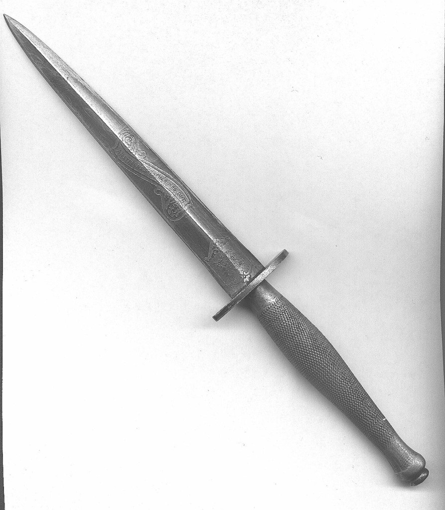 Fairbairn-Sykes Fighting Knife carried by Lieutenant A. H. Stevens of St. Catharines, Ontario. This is a knurled grip model, made by Wilkinson Sword, and with his name on the blade in a scroll.