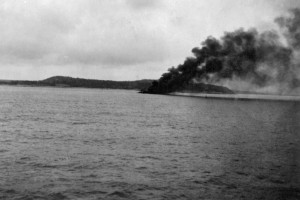 Smoke plume of burning sinking ship. Definitely tanker 24-3-42