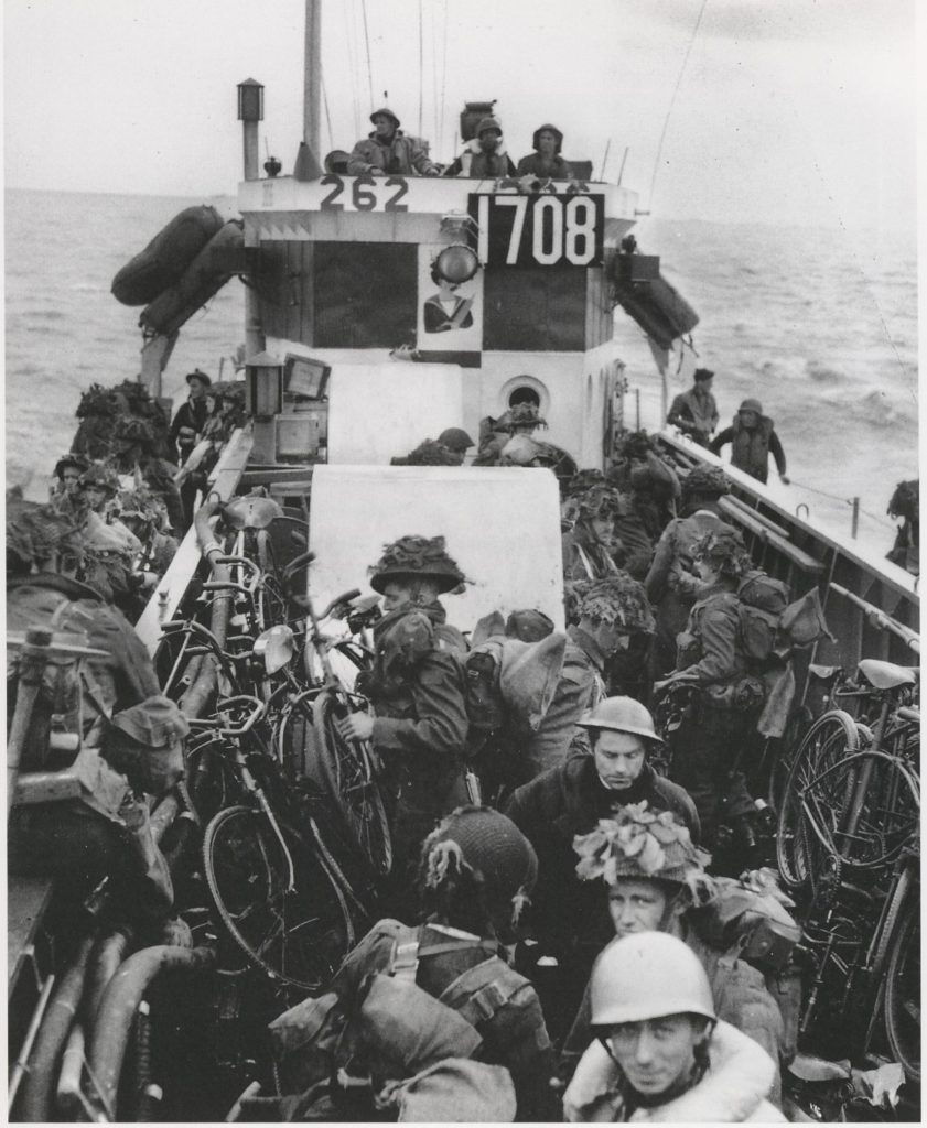 Canadian troops on the way to Normandy with BSA Airborne Bicycles for D-Day (Library and Archives Canada PA132930)