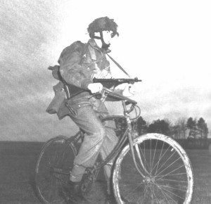 Canadian paratrooper on a BSA airborne bicycle 1944, in England.