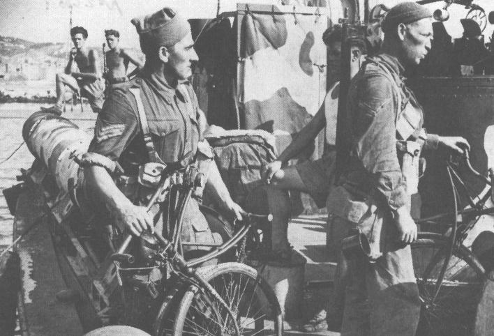 No.9 Commando with some BSA Airborne Bicycles on board a small motor vessel, Cherso_raid, August 1944. The bicycles are folded for compactness.