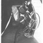 BSA Airborne Bicycle in the folded position for parachuting with a man. After his parachute opens, he will lower the bicycle about 20 feet below him. (Royal Air Force Manual)