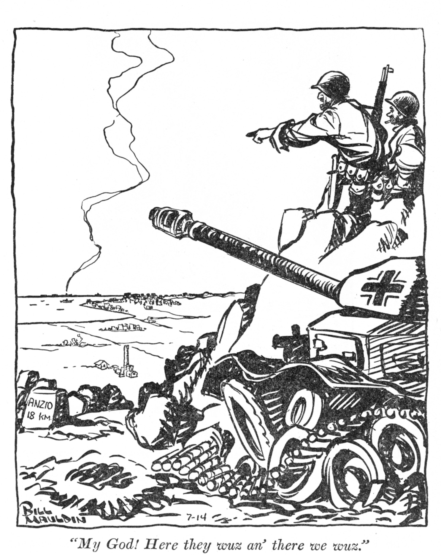 Catoon showing U.S. troops overlooking the Anzio Beachhead for now captured German position. Bill Mauldin p165 Anzio, Italy.