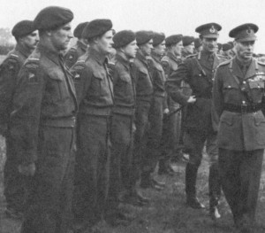 "C" Coy 1 Canadian Parachute Battalion and King George VI May 1944 Two snipers are in the front rank. Pte. Peter Braidwood (2nd from left) and Pte. Cliff Douglas (3rd from left)