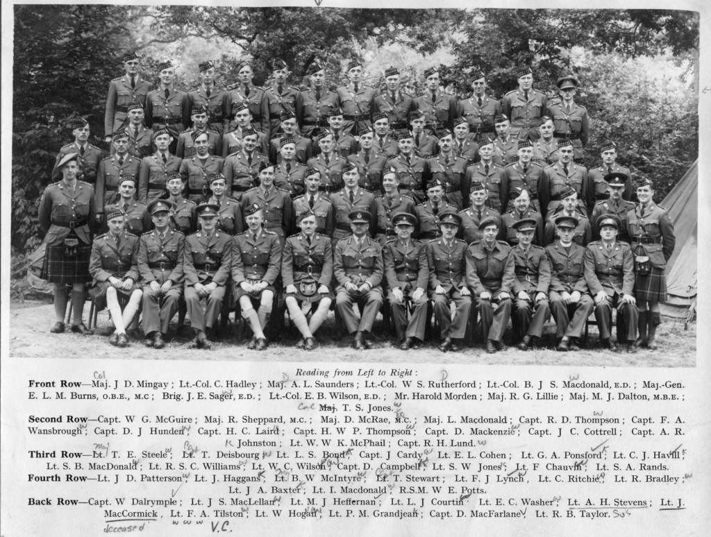 Formal group portrait of the officers of the Essex Scottish Regiment, taken in 1943 in England. They has rebuilt the regiment after the heavy losses at Dieppe in August, 1942. Essex Scottish Officers in 1943 - Lieutenant A. H. Stevens is in the back row, 6th from the left. Lieutenant Freddy Tilston is 8th from the left. Tilston later was awarded the Victoria Cross for extreme bravery in battle. 
