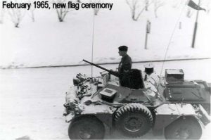 Ferret of 4th Canadian Infantry Brigade, in a new flag ceremony at Fort Chambly, West Germany. (ruhrmemories ca 4cibg)