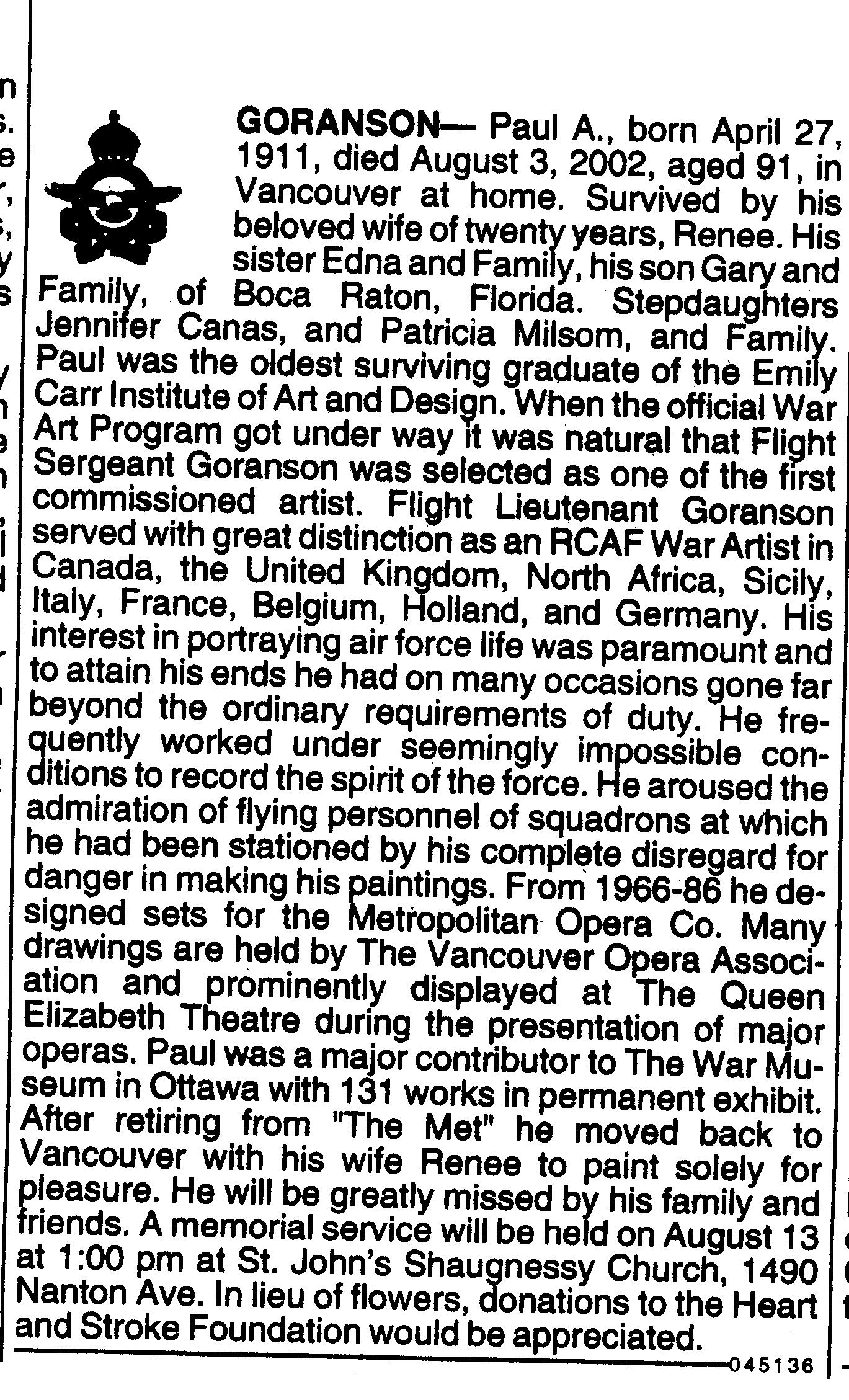 Paul Goranson Obituary Vancouver PROVINCE newspaper, 2002 August 11