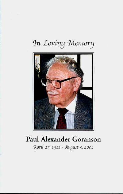 Paul Goranson - Cover of memorial program