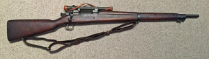 A late 1943 M1903A4 serial number 3422193. This rifle is original with the blued finish but the M73B1 scope has been refurbished by the military.