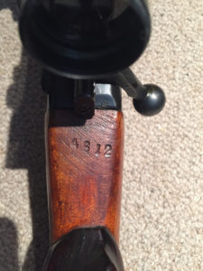 No. 4 MK. I* (T) made by SAL at Long Branch and later issued to the Indian military. Serial number 68L3200. This is the serial number of the scope that was assigned to this rifle in Indian service, a No. 4 MK. I # 4612. The number is stamped on top of the wrist of the butt, just behind the cocking piece.