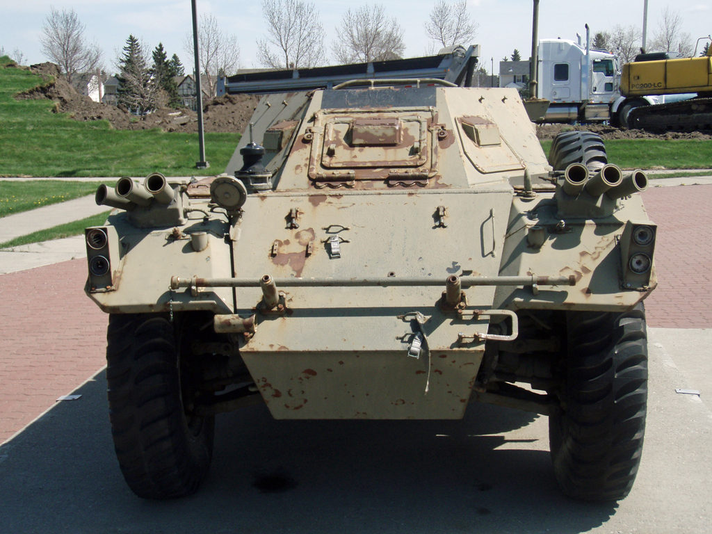 Front view of Ferret AScout Car monument. British Army Ferret MK. II missing its turret. Note the MG stopping rail at rear. Ex-BATUS at Suffield. Military Museums, Calgary, Alberta 