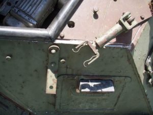 Ferret MK. I 54-82598 looking down onto the Browning MG base mount brace arm used when the gun was securing for driving.