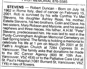 Rob Stevens' obituary Vancouver SUN newspaper 2001 Feb 28