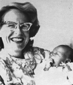 Photograph of lady holding her newborn baby. Robert Duncan Stevens as baby in Rome, Italy, in 1962 with our mother, Estelle. 
