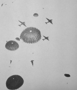 1 Canadian Parachute ba5ttalion jum,p in England before D-Day. This is believed to be their Training Company. They are using "X" Statichutes and jumping from C-47 Dakotas. 