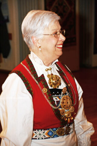 Jeanette Stevens, nee Brue (old Norwegian spelling was Bru) wearing her "new" bunad. Jeanette Stevens, nee Brue (old Norwegian spelling was Bru) wearing her "new" bunad.
