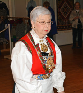 Jeanette Stevens in her Norwegian bunad at a Scandinavian Centre event, in Burnaby, BC, 2016.
