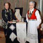 Jeanette Stevens in her Norwegian bunad at a Scandinavian Centre event, in Burnaby, BC, 2016. The lady on the left makes Hardanger Norwegian aprons etc.