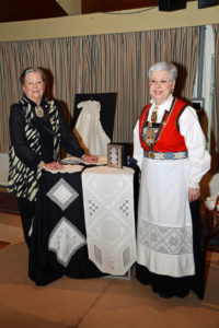 Jeanette Stevens in her Norwegian bunad at a Scandinavian Centre event, in Burnaby, BC, 2016. The lady on the left makes Hardanger Norwegian aprons etc.