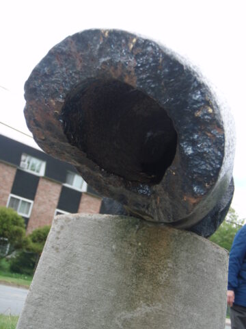 Cannon from the S.S. Mont Blanc Muzzle Cannon from the S.S. Mont Blanc - Muzzle end, mounted upside down and showing the area the missing piece came from. From the Halifax Explosion 1917-12-06