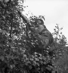 1944-10-09 Cpl. B. B. Arnold, sniper of the Scout Platoon of the Queen's Own Cameron Highlanders of Canada at Fort de Brasschaat, Belgium (L&AC MIKAN 3409534)