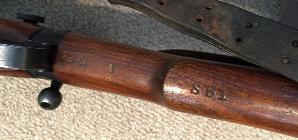 1944 Lee-Enfield No4 MKI (T) BSA sniper rifle - underside of butt showing the Holland and Holland code of "S51" stamp.