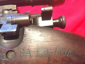 M1903A4 Left side showing the markings "RA (for Remington Arms, not Raritan Arsenal), Crossed cannons and FJA (Frank J. Atwood)