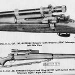 M1903A4 rifles with Weaver and Alaskan scopes. Note there is a serious error in the manual. The upper scope is a Weaver 330 scope (click model with drums, not silent with tapered cones) and was later designated M73B1. The Lyman "Alaskan" scope was the M73. Those were soon modified with a rubber eyecup and front shade to become the M81 (cross-hairs) and M82 (tapered post). From US Army manual TM 9-2200 p. 17