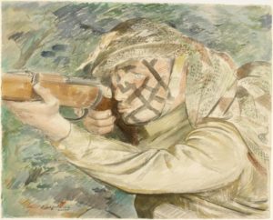 A Camouflaged sniper watching his target Llanberis, North Wales. Painting by PITCHFORTH, Roland Vivian 1943 (©-IWM-Art.IWM-ART-LD-3422)