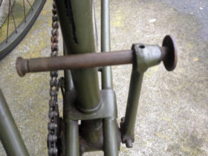 British Army BSA airborne bicycle, 2nd model, made circa 1943 serial number R37618 - Detail of left pedal in retracted position for transportation and storage.