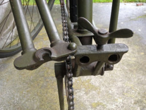 British Army BSA airborne bicycle, 2nd model, made circa 1943 serial number R37618 - folded position showing detail of lower hinge.