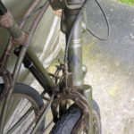 British Army BSA airborne bicycle, 2nd model, made circa 1943 serial number R37618 - folded position showing detail of front brake and decals (transfers).