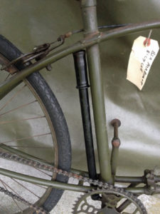 British Army BSA airborne bicycle, 2nd model, made circa 1943 serial number R37618 - Bicycle pump in storage location.
