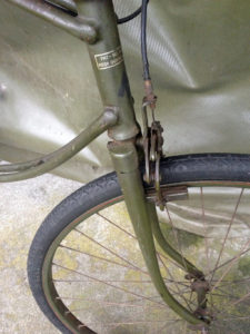 British Army BSA airborne bicycle, 2nd model, made circa 1943 serial number R37618 - Front fork and partial view of the front decals (transfers).