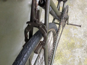 British Army BSA airborne bicycle, 2nd model, made circa 1943 serial number R37618 - WAR GRADE tire tread, rear brake assembly.