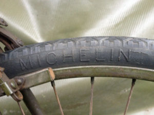 British Army BSA airborne bicycle, 2nd model, made circa 1943 serial number R37618 - An original WAR GRADE tire marking showing the raised marking "MICHELIN". This was one of several manufacturers.