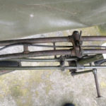 British Army BSA airborne bicycle, 2nd model, made circa 1943 serial number R37618 - Detail of the two frame hinge points for folding and the large wing-nuts. Also the push in peg pedals.